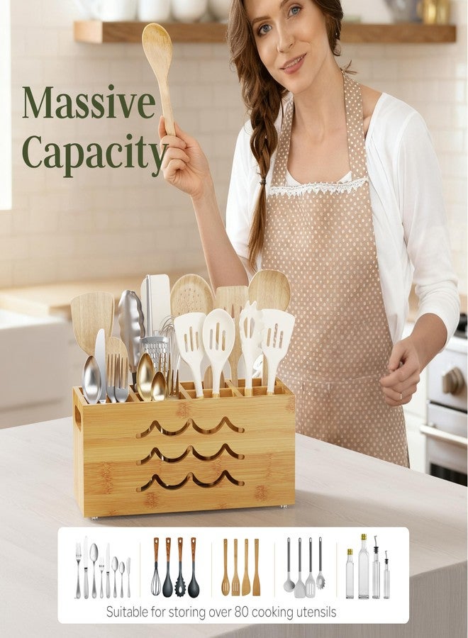 Kcrystenia Large Kitchen Utensil Holder for Countertop, 8 Adjustable Compartments Cooking Utensil Holder Organizer, Bamboo Silverware Caddy with Absorbing Stone Drying Mat for Kitchen Counter - Image 3